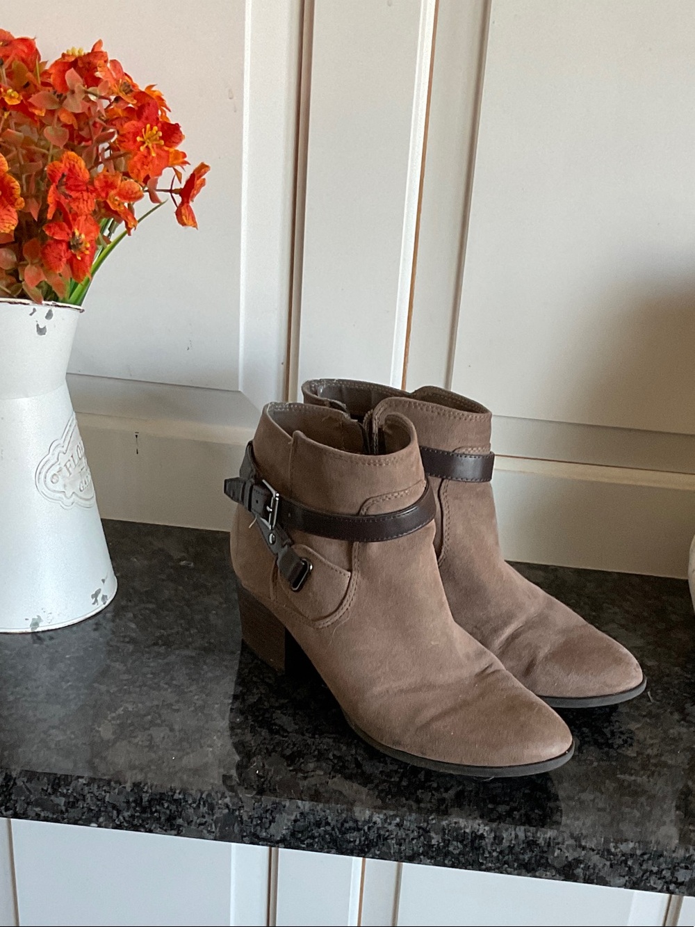 Unisa Taupe Suede Ankle Booties with Dark Brown Buckle Strap